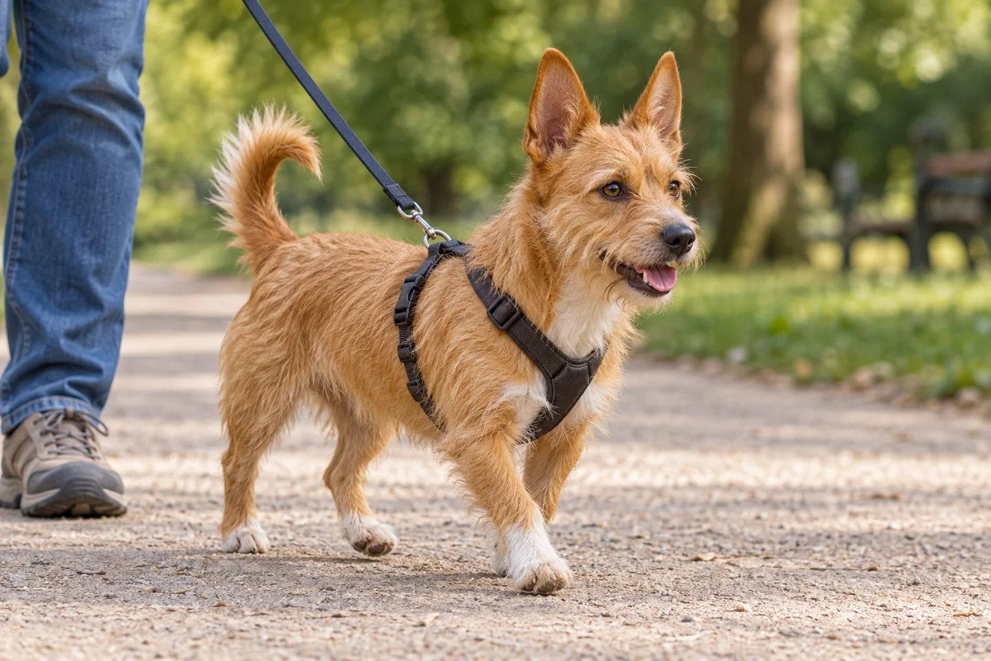 Portuguese Podengo Pequeno adult walking in a harness beside an adult handler, with breed-specific coat and natural anatomy