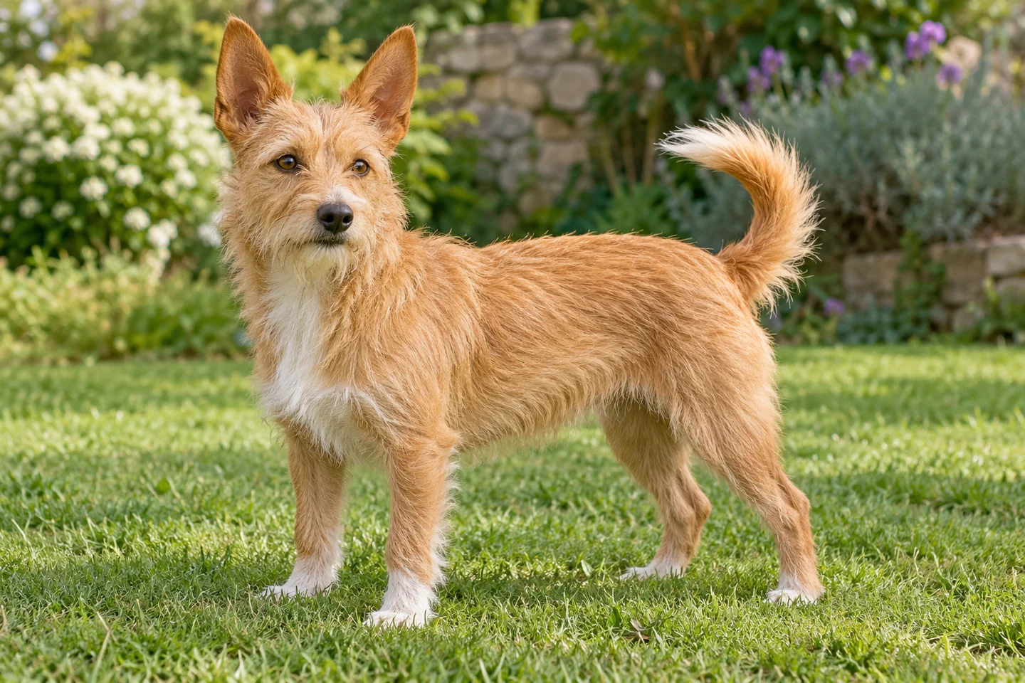 Portuguese Podengo Pequeno adult standing naturally outdoors, with breed-specific coat and natural anatomy