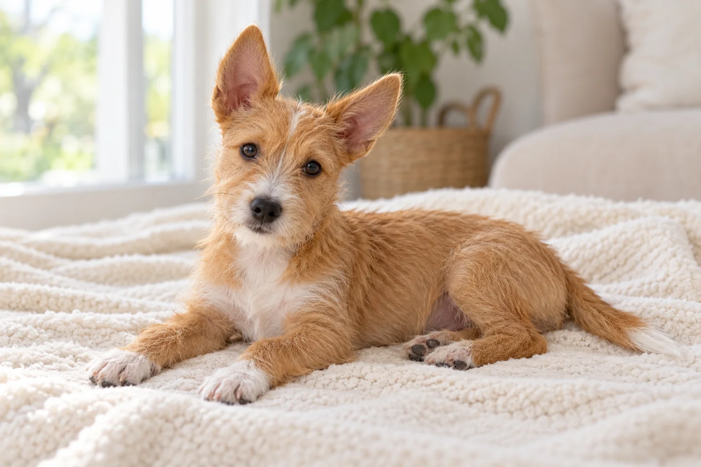 Portuguese Podengo Pequeno older puppy resting on a blanket indoors, with breed-specific coat and natural anatomy