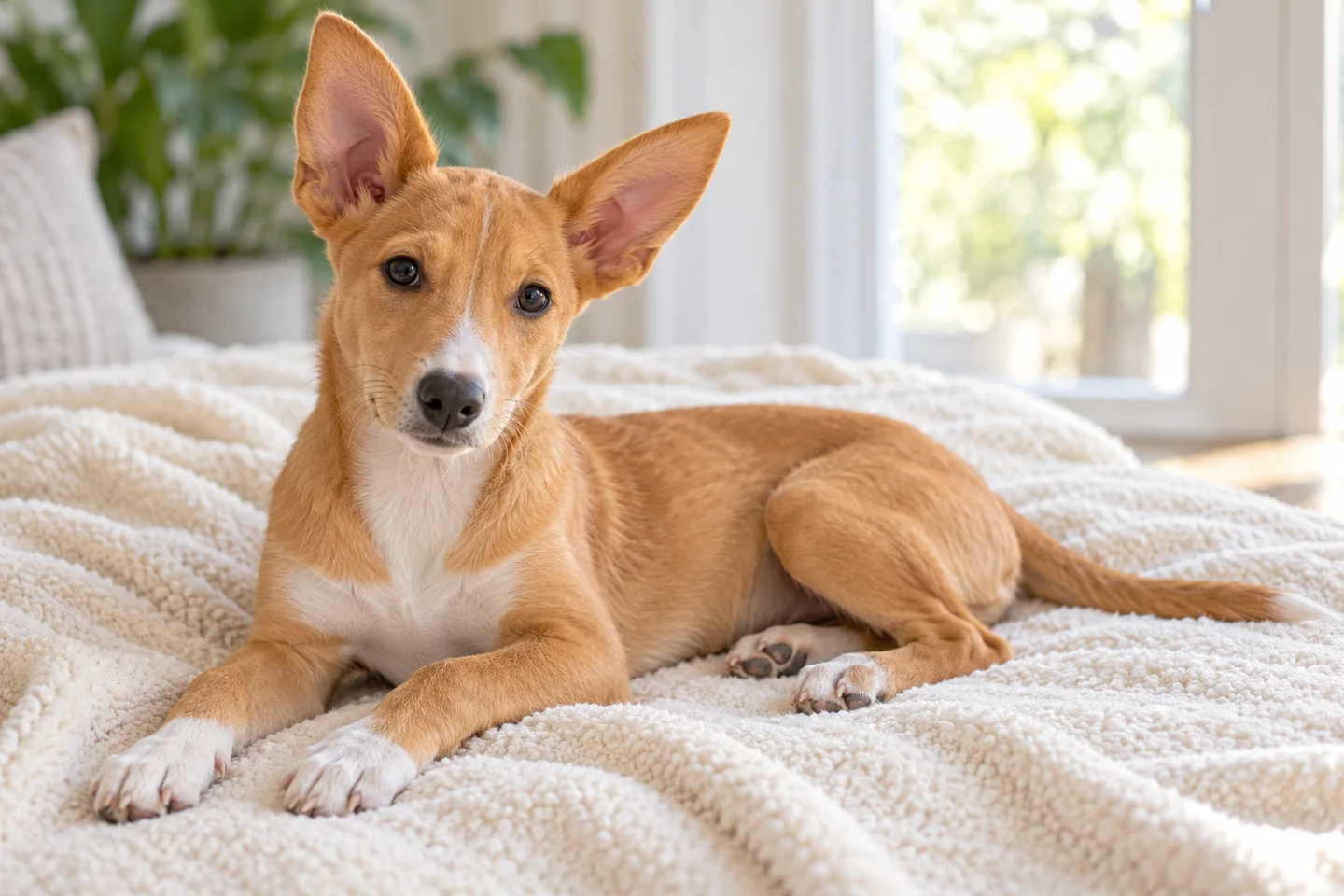 Portuguese Podengo older puppy resting on a blanket indoors, with breed-specific coat and natural anatomy
