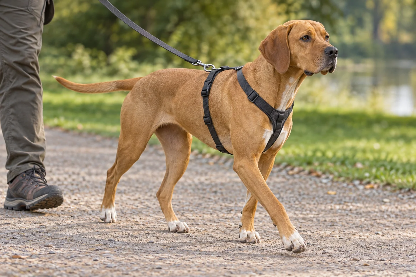 Portuguese Pointer adult walking in a harness beside an adult handler, with breed-specific coat and natural anatomy