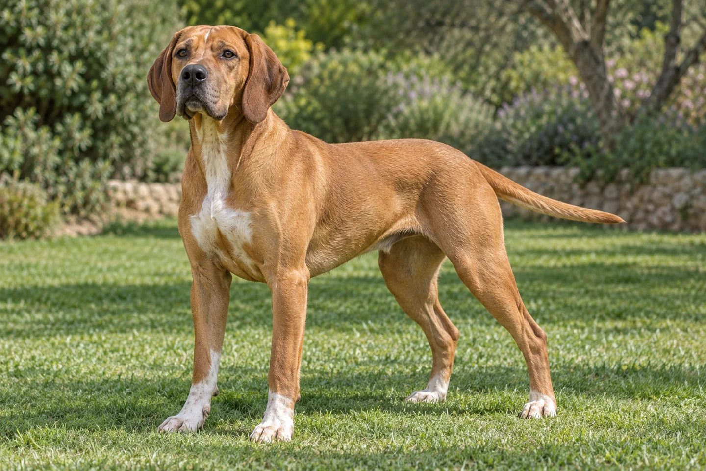 Portuguese Pointer adult standing naturally outdoors, with breed-specific coat and natural anatomy