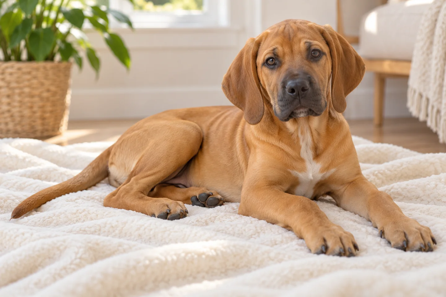 Portuguese Pointer older puppy resting on a blanket indoors, with breed-specific coat and natural anatomy