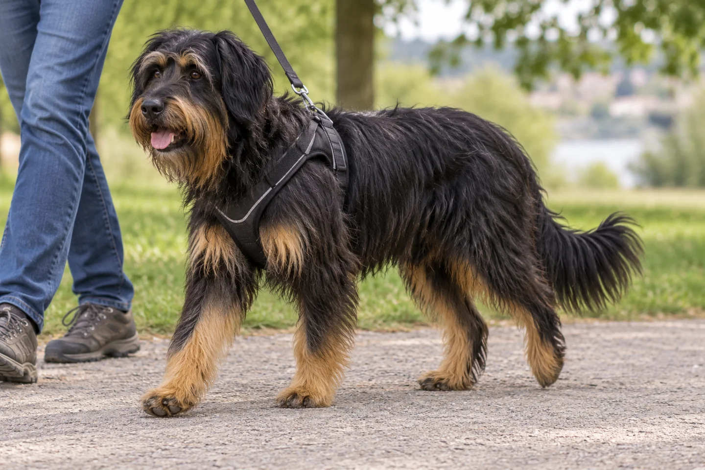 Portuguese Sheepdog adult walking in a harness beside an adult handler, with breed-specific coat and natural anatomy