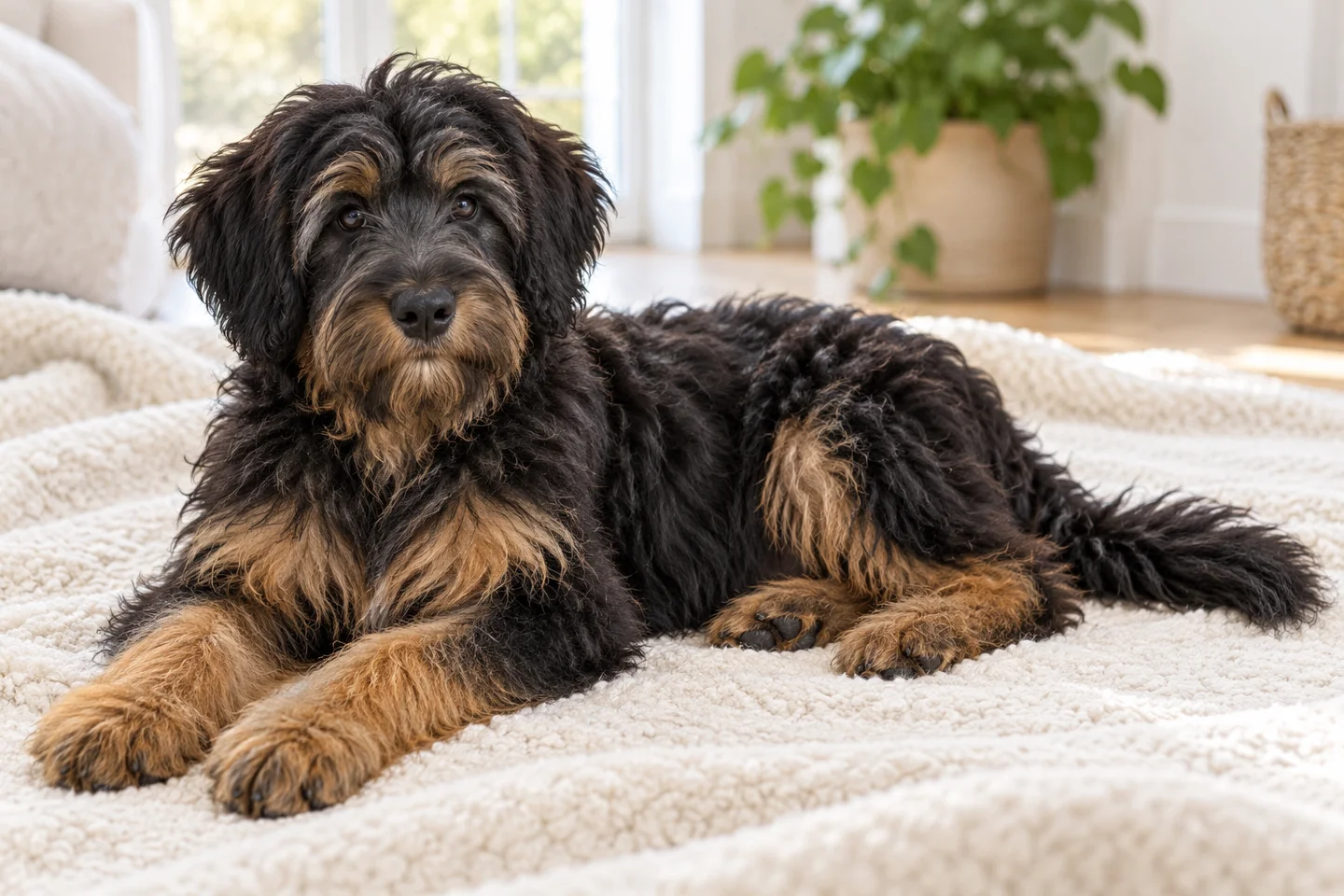 Portuguese Sheepdog older puppy resting on a blanket indoors, with breed-specific coat and natural anatomy