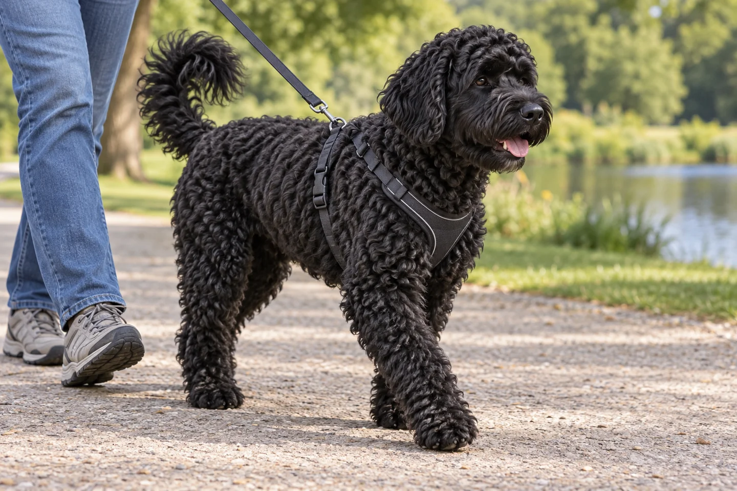 Portuguese Water Dog adult walking in a harness beside an adult handler, with breed-specific coat and natural anatomy