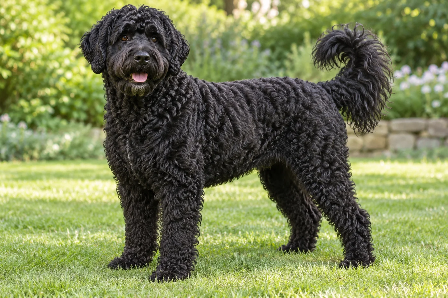 Portuguese Water Dog adult standing naturally outdoors, with breed-specific coat and natural anatomy