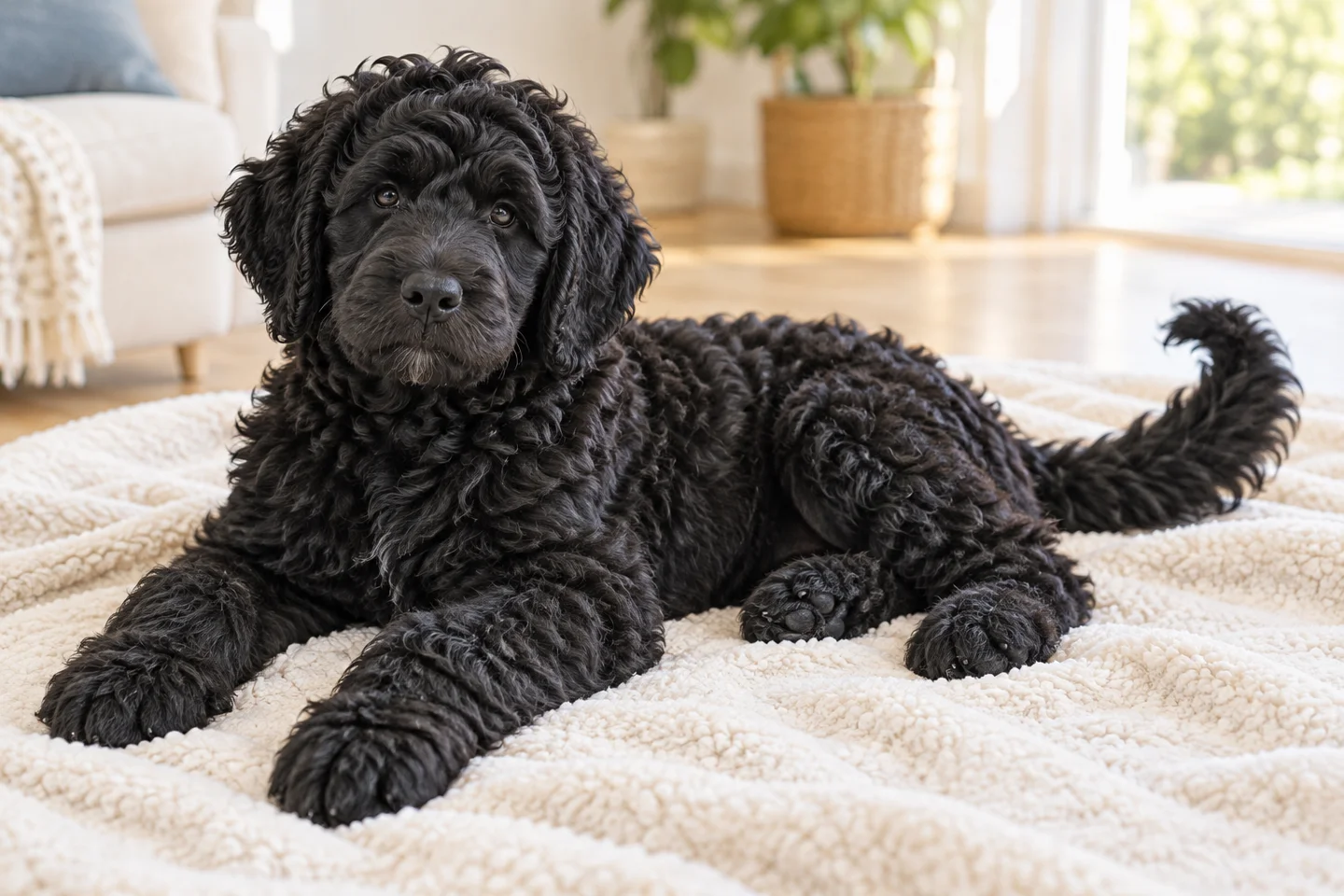 Portuguese Water Dog older puppy resting on a blanket indoors, with breed-specific coat and natural anatomy