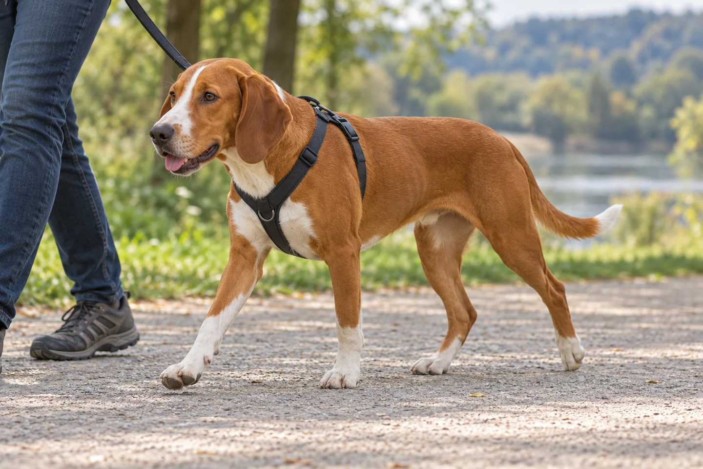 Posavac Hound adult walking in a harness beside an adult handler, with breed-specific coat and natural anatomy