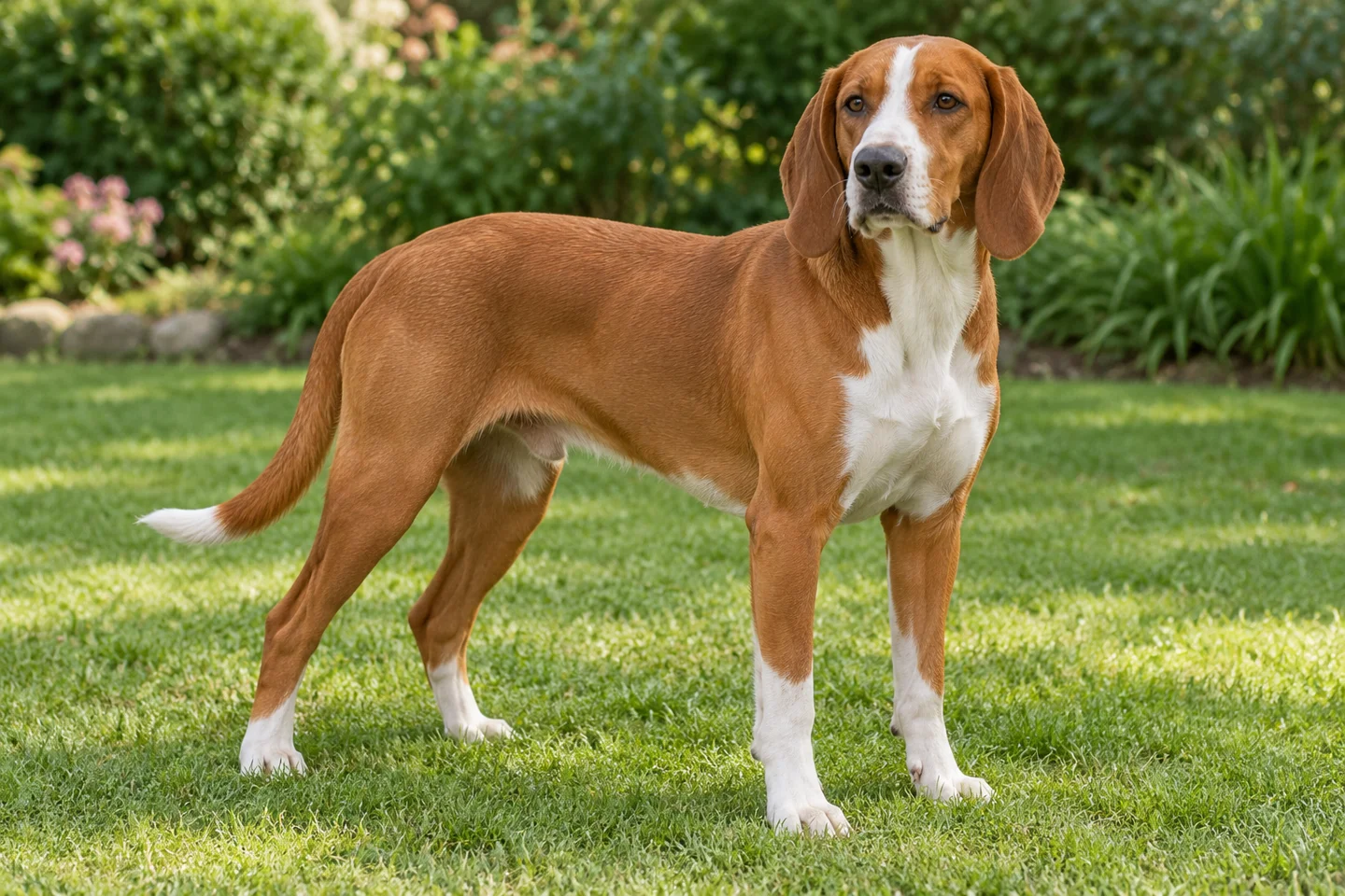 Posavac Hound adult standing naturally outdoors, with breed-specific coat and natural anatomy