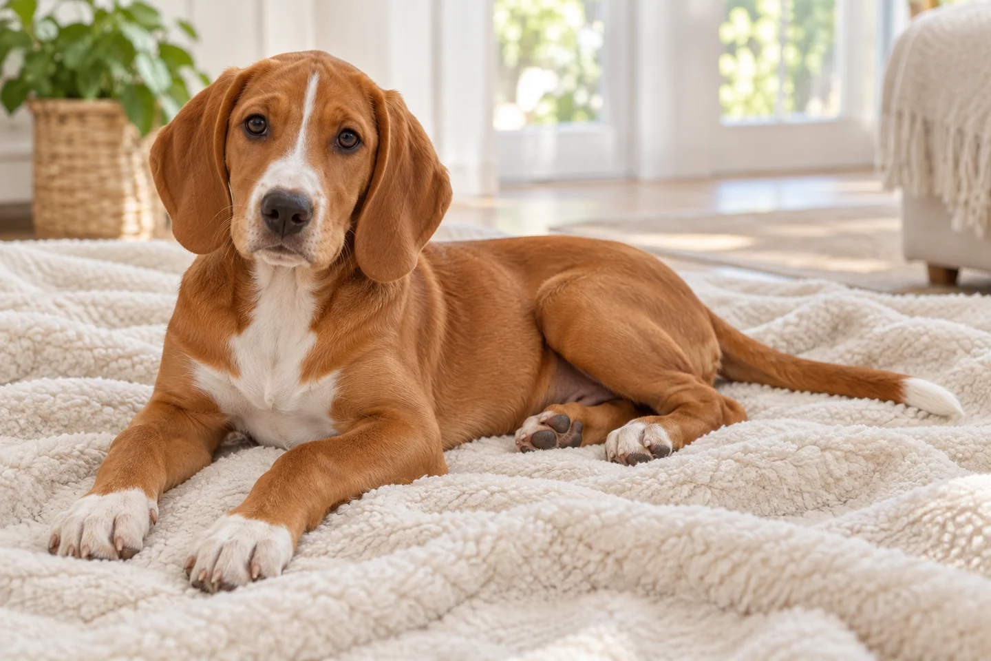 Posavac Hound older puppy resting on a blanket indoors, with breed-specific coat and natural anatomy