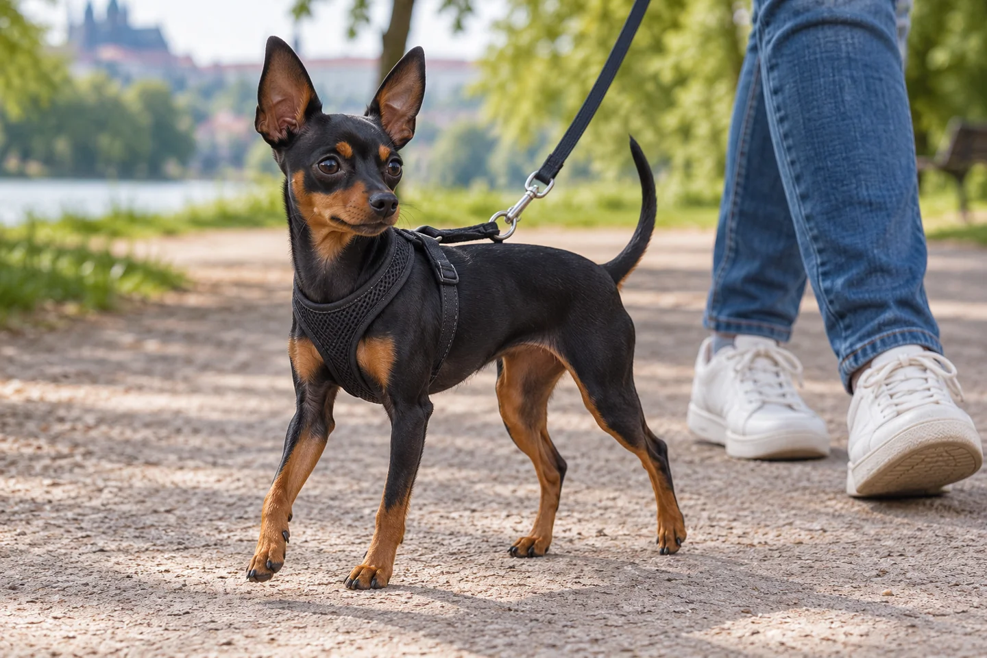 Prague Ratter adult walking in a harness beside an adult handler, with breed-specific coat and natural anatomy