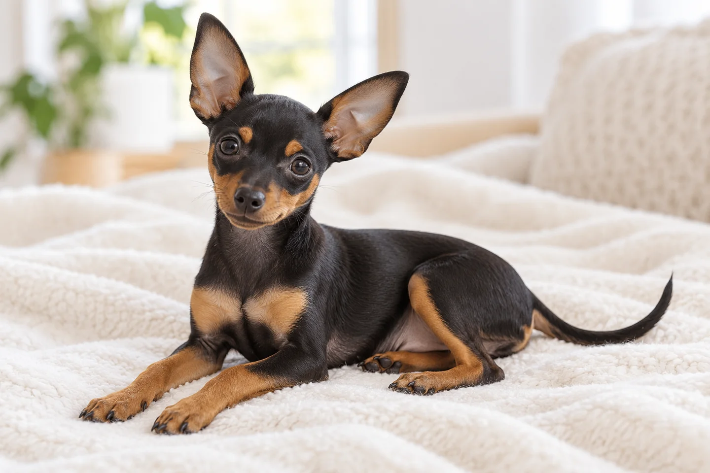 Prague Ratter older puppy resting on a blanket indoors, with breed-specific coat and natural anatomy