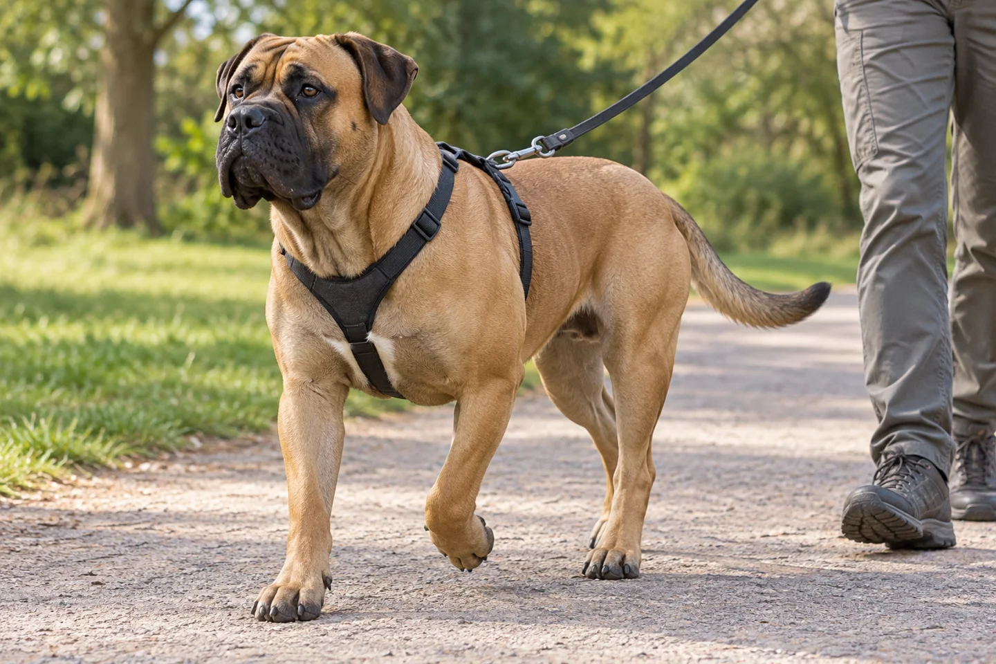 A fawn Presa Canario walking on a slack harness lead beside an adult handler in a quiet park