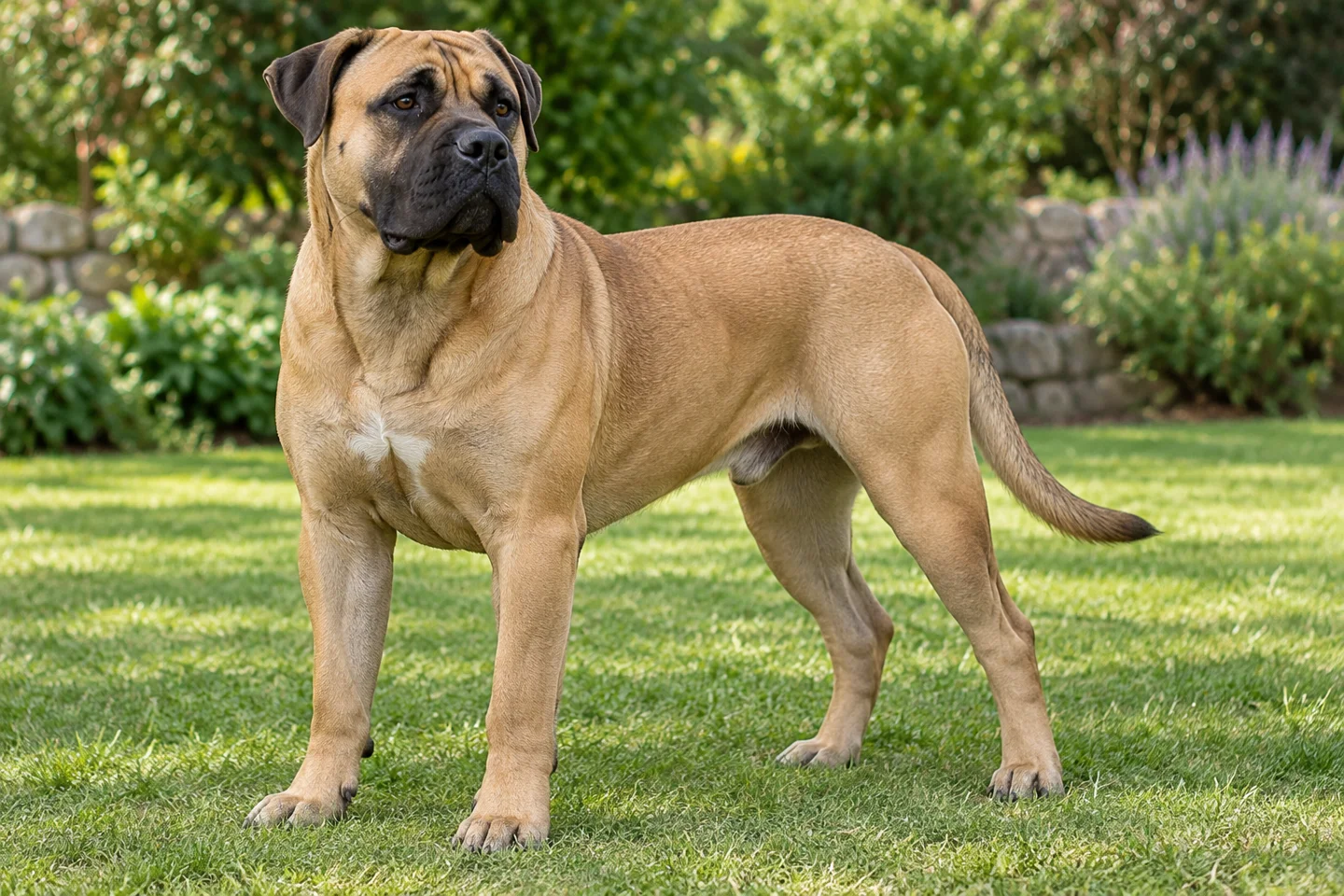 A fawn Presa Canario with a black mask, natural folded ears and a full tail in a garden