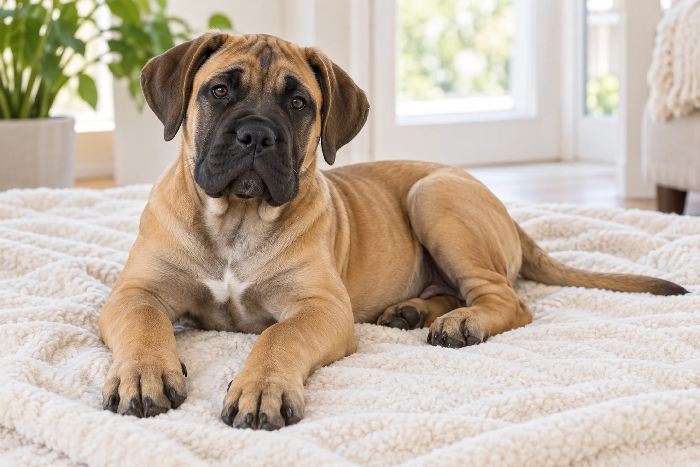 A fawn Presa Canario puppy with natural ears resting on a soft blanket indoors