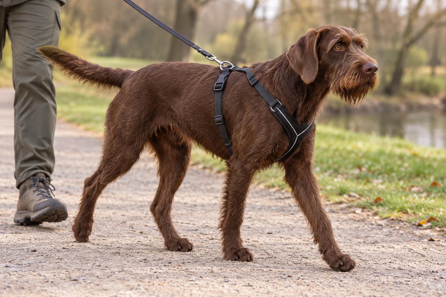 A brown rough-coated Pudelpointer walking on a slack harness lead with an adult in a quiet park