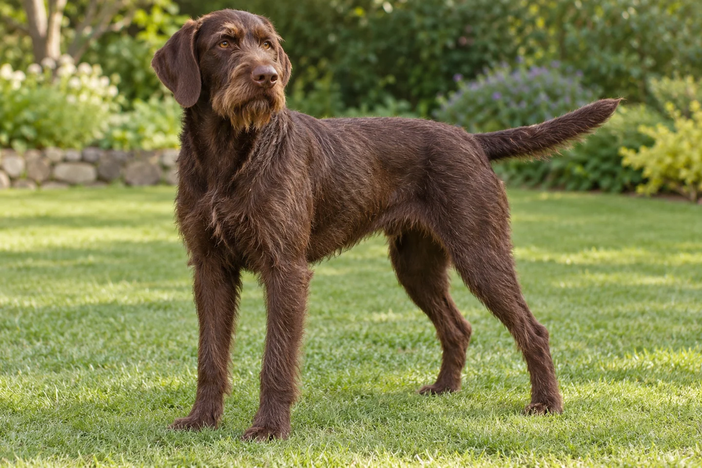 A brown rough-coated adult Pudelpointer with a beard, natural ears and full tail standing in a garden
