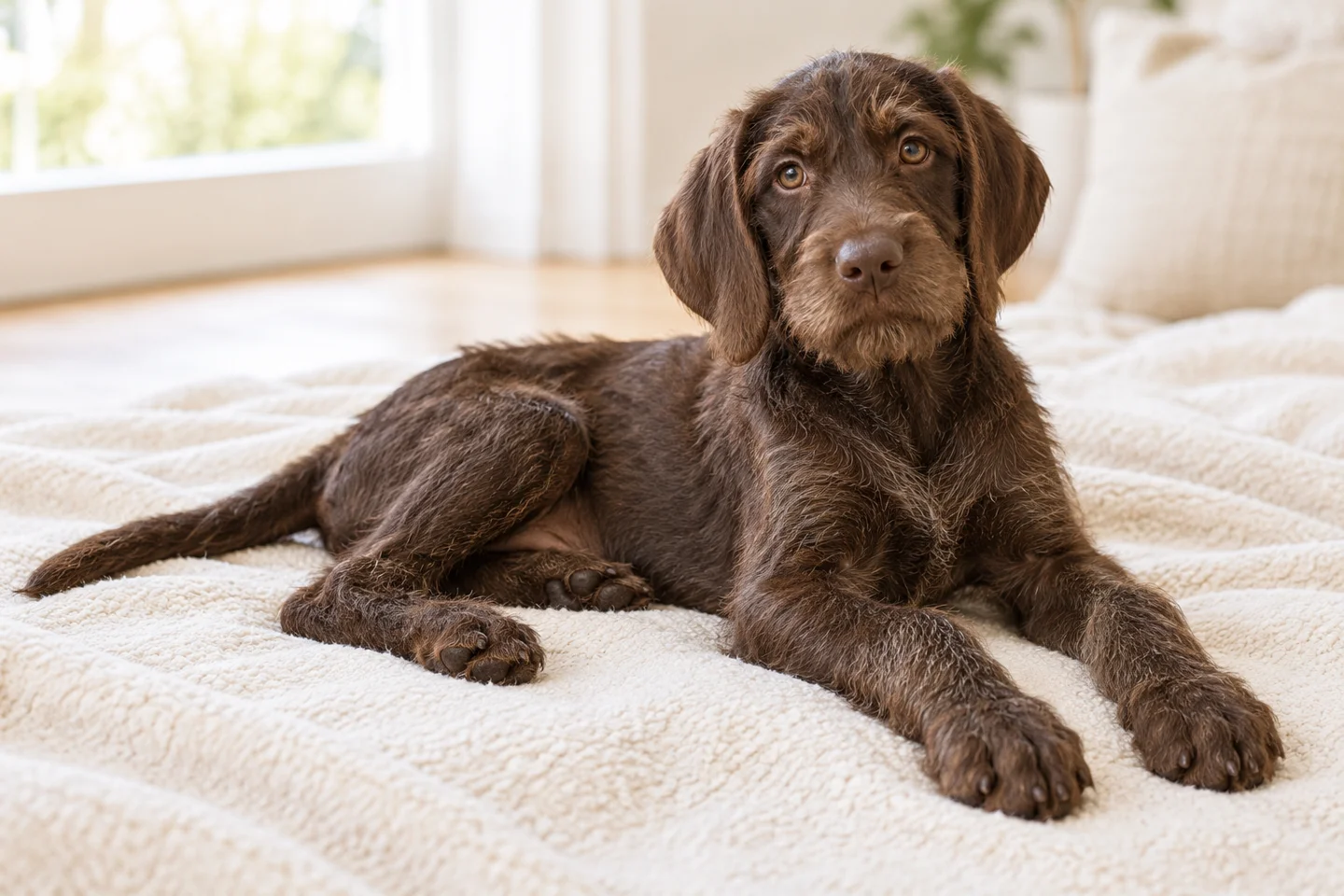 A brown rough-coated Pudelpointer puppy resting on a soft blanket indoors