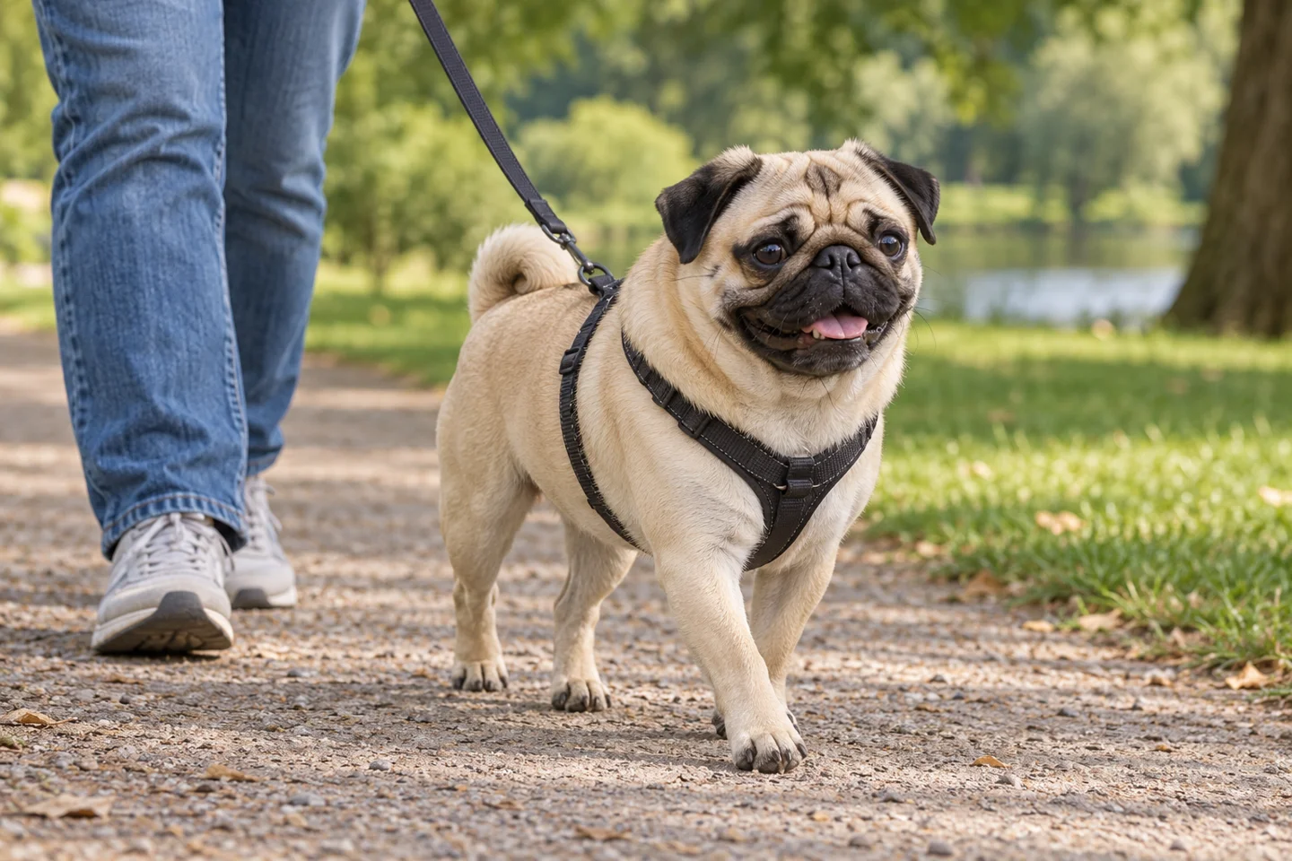 A fawn Pug walking in a fitted harness on a loose lead beside an adult handler