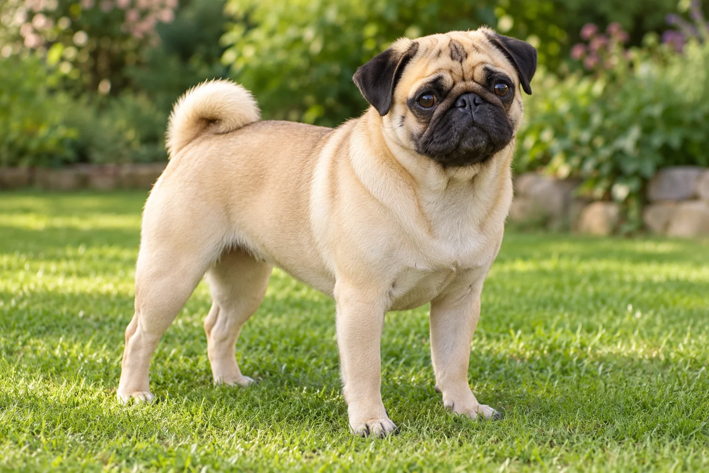A fawn Pug adult with a black mask, natural button ears, visible eyes and a full curled tail