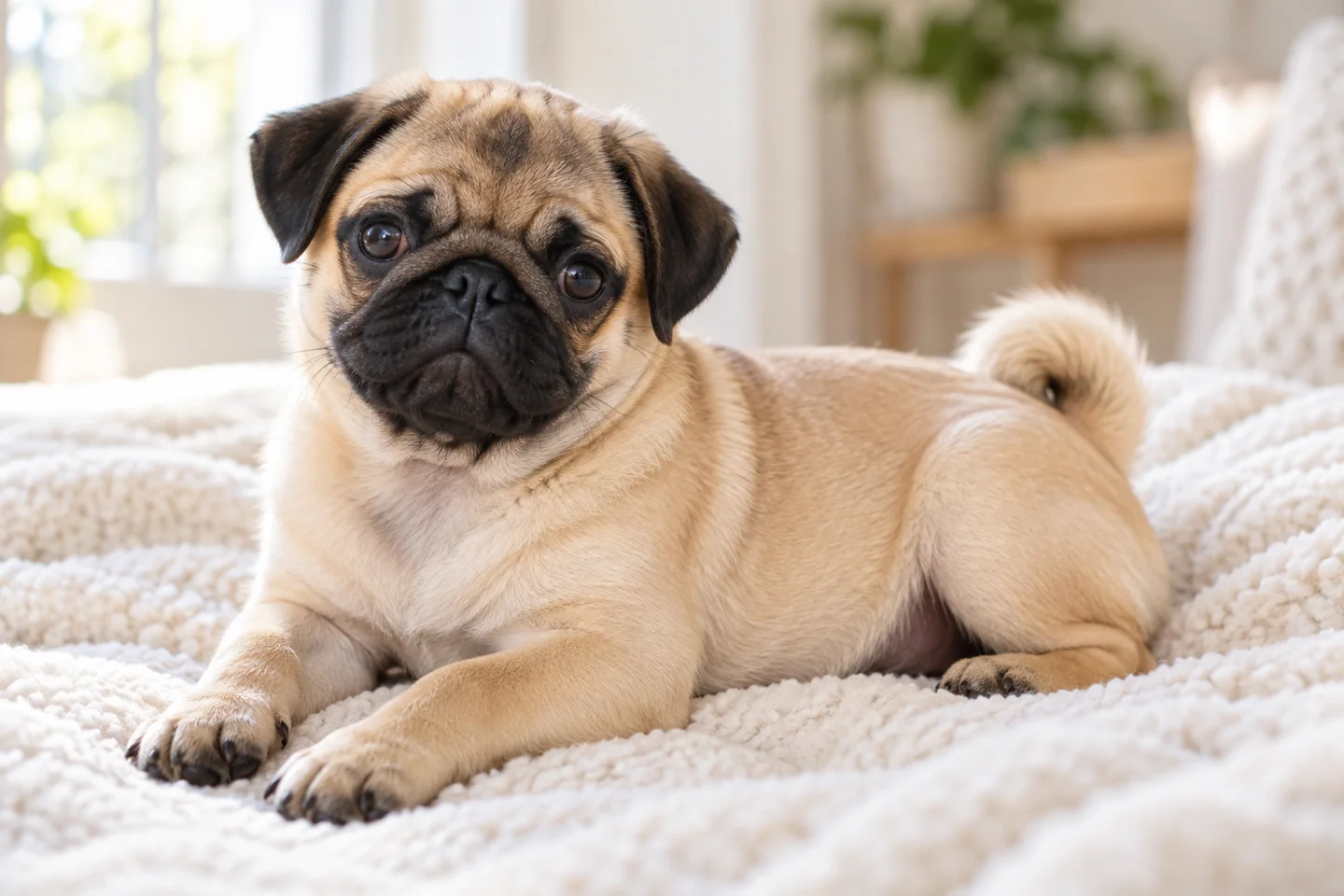 An older fawn Pug puppy with a black mask, natural folded ears and developing curled tail
