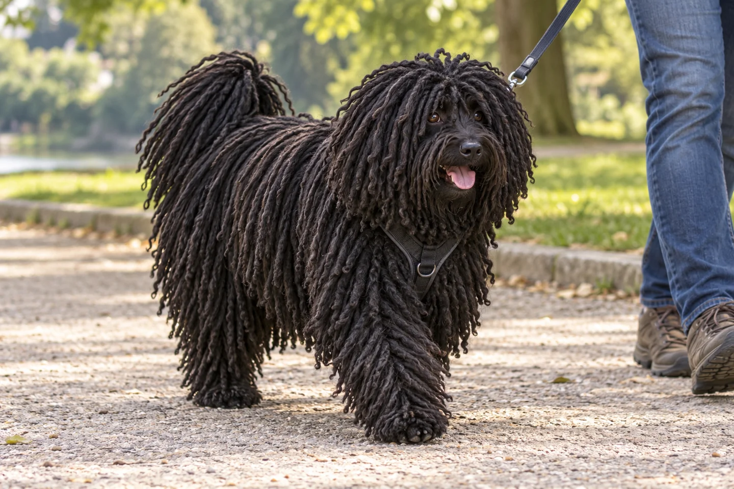 Puli walking in a fitted harness beside an adult handler, showing solid black corded coat