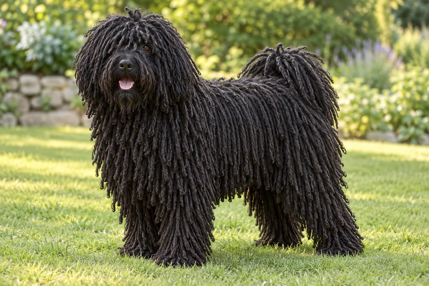 Puli adult standing naturally on a garden lawn, showing solid black corded coat
