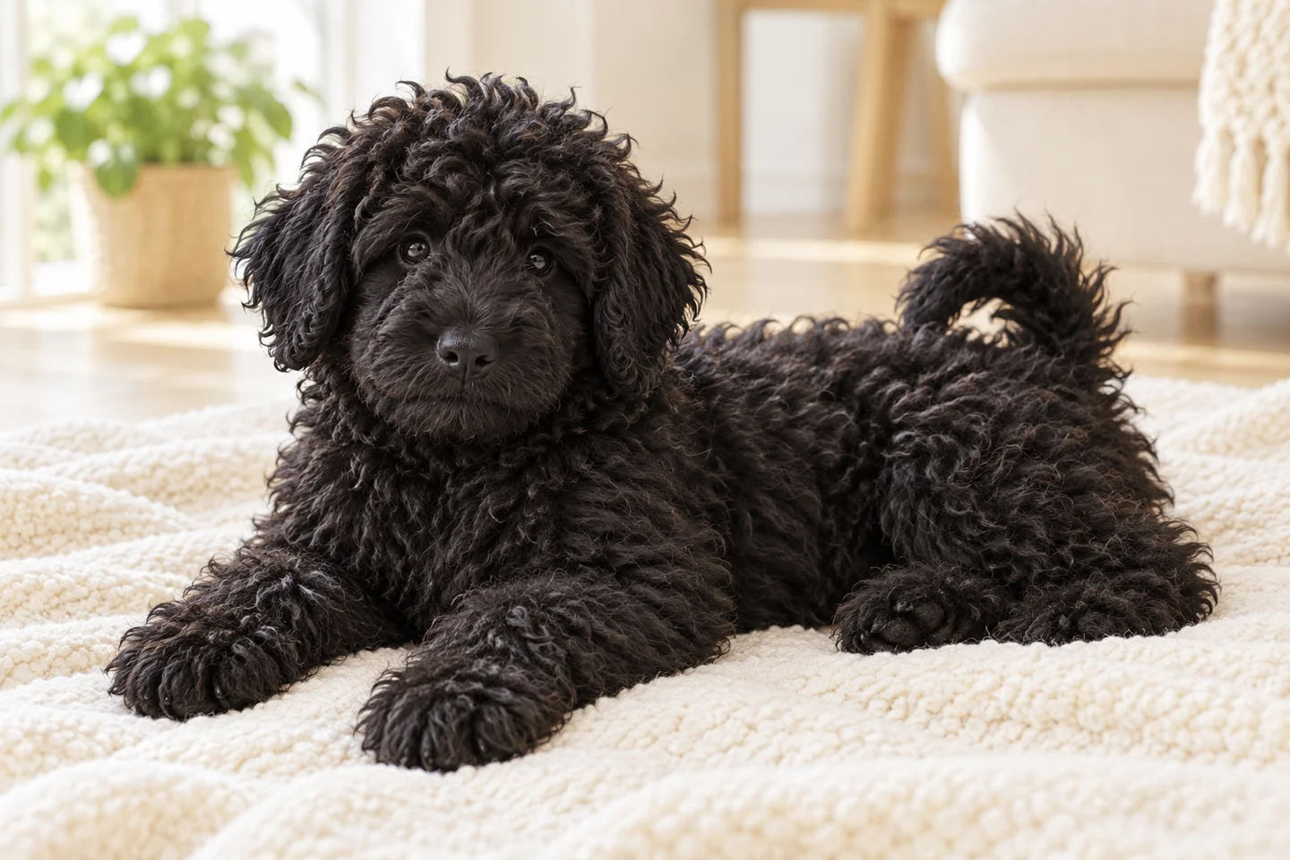 Puli older puppy resting on a blanket indoors, showing solid black corded coat