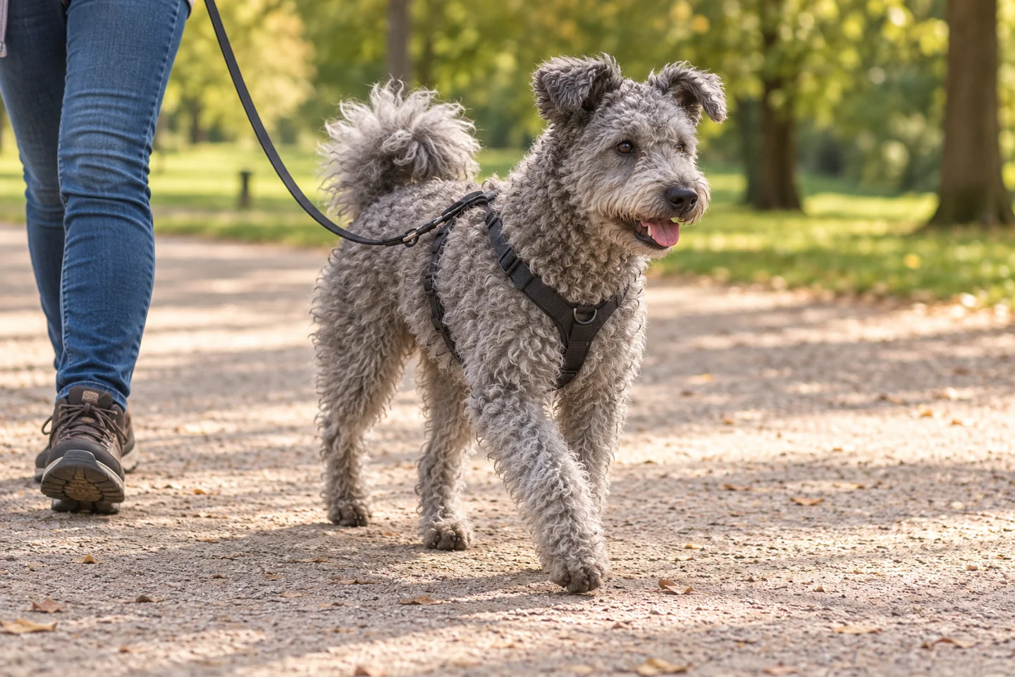 Pumi walking in a fitted harness beside an adult handler, showing solid grey wavy-curly coat