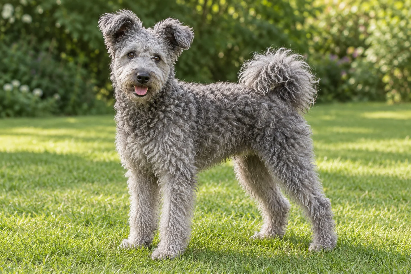 Pumi adult standing naturally on a garden lawn, showing solid grey wavy-curly coat