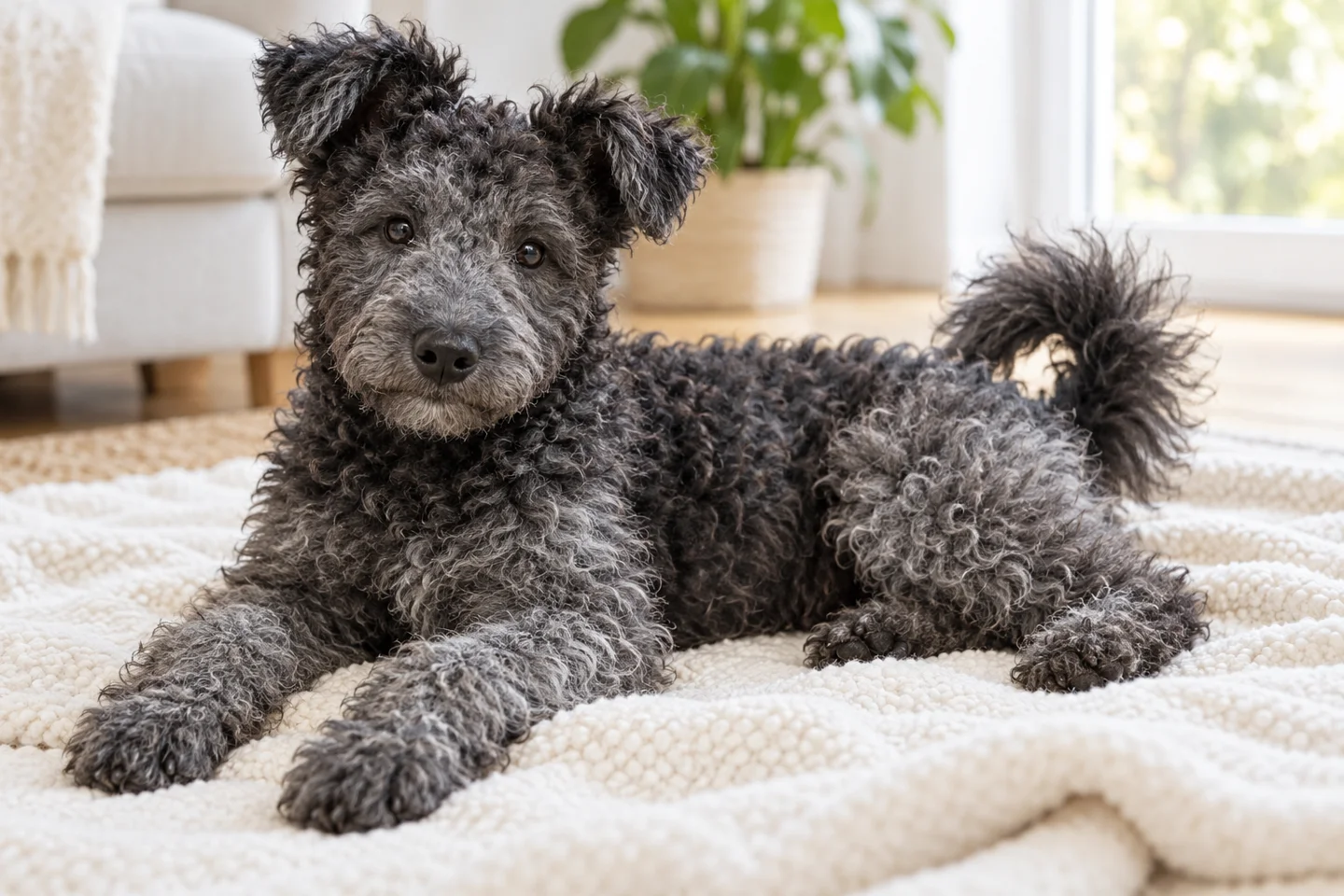 Pumi older puppy resting on a blanket indoors, showing solid grey wavy-curly coat