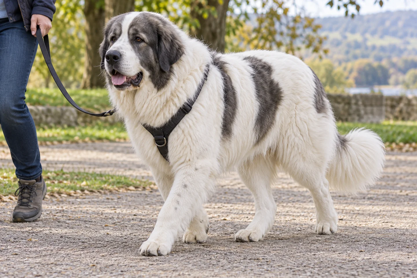 Pyrenean Mastiff walking in a fitted harness beside an adult handler, showing white with grey mask and patches