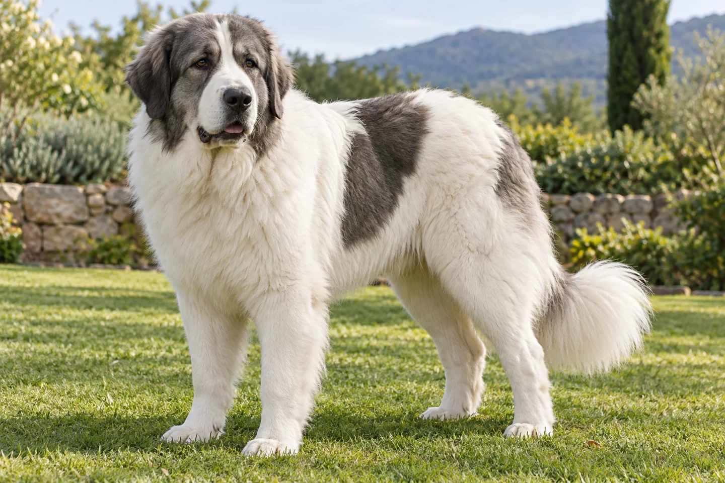 Pyrenean Mastiff adult standing naturally on a garden lawn, showing white with grey mask and patches