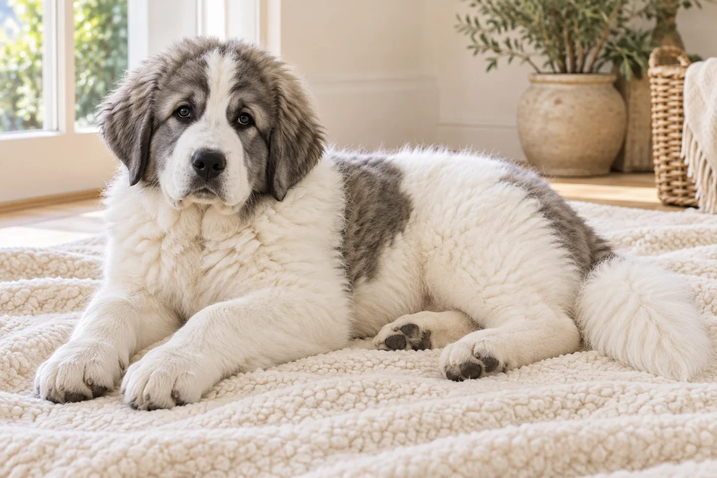 Pyrenean Mastiff older puppy resting on a blanket indoors, showing white with grey mask and patches