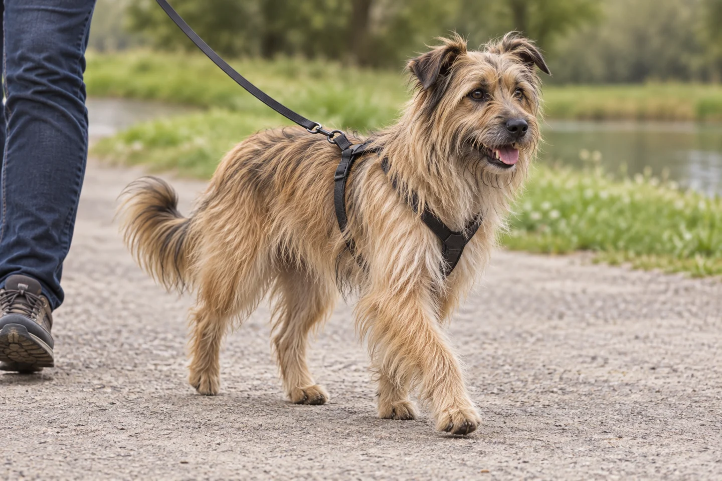 Pyrenean Shepherd walking in a fitted harness beside an adult handler, showing fawn rough-faced long coat