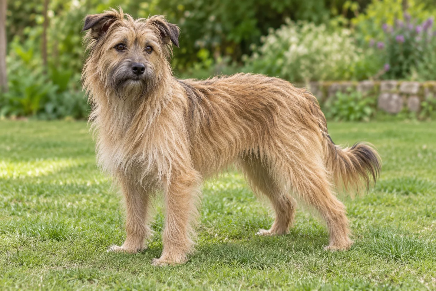 Pyrenean Shepherd adult standing naturally on a garden lawn, showing fawn rough-faced long coat