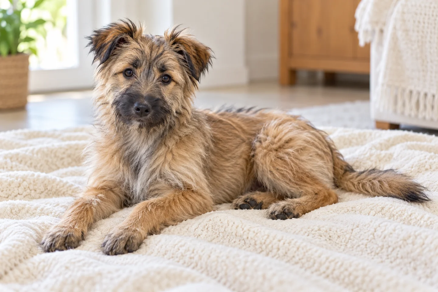 Pyrenean Shepherd older puppy resting on a blanket indoors, showing fawn rough-faced long coat