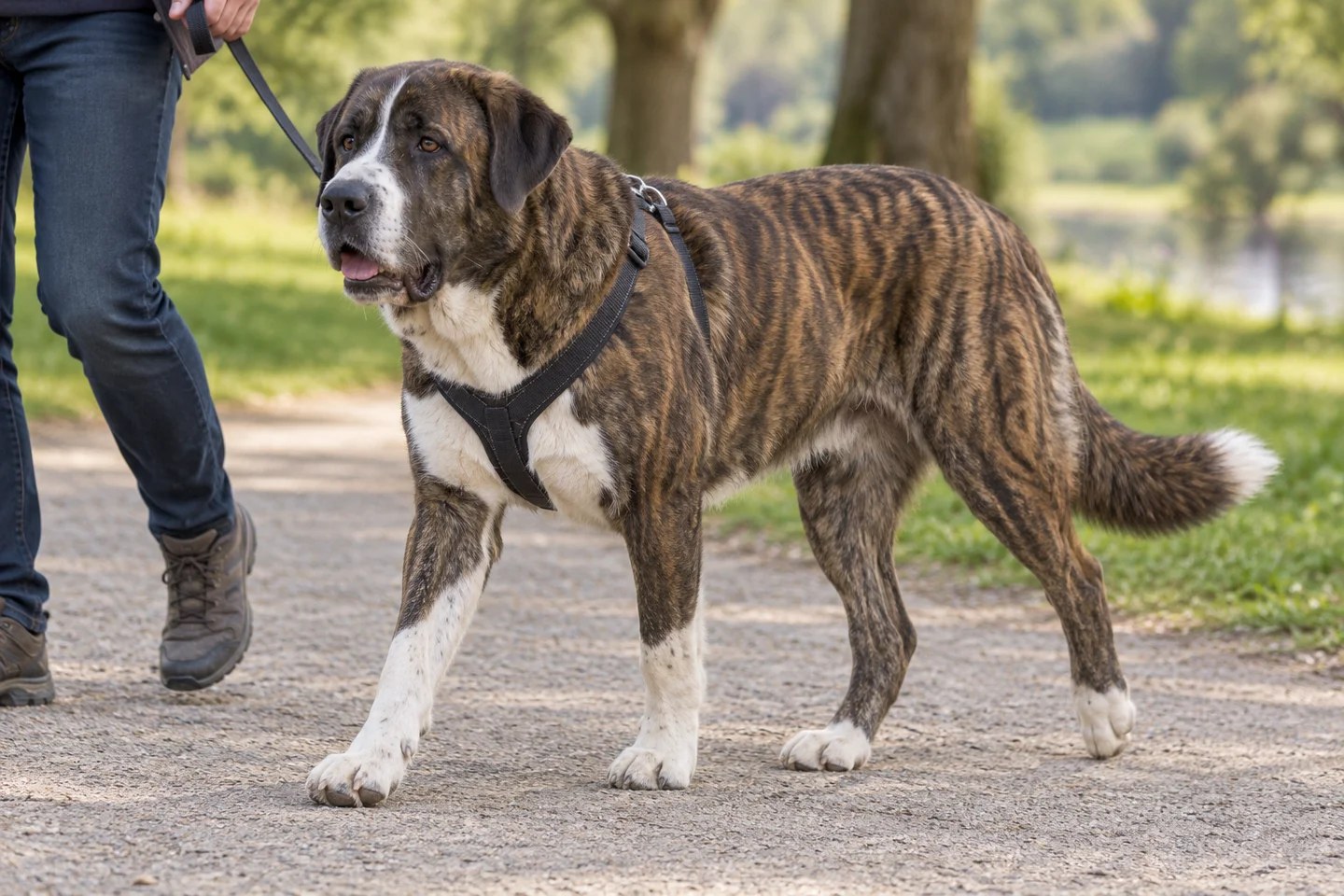 Rafeiro do Alentejo walking in a fitted harness beside an adult handler, showing brindle with white markings