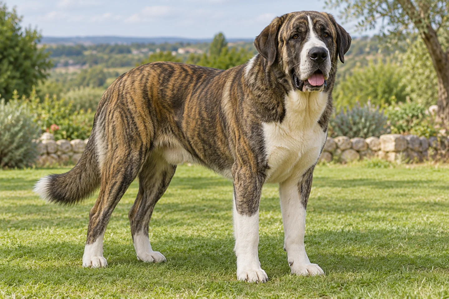 Rafeiro do Alentejo adult standing naturally on a garden lawn, showing brindle with white markings