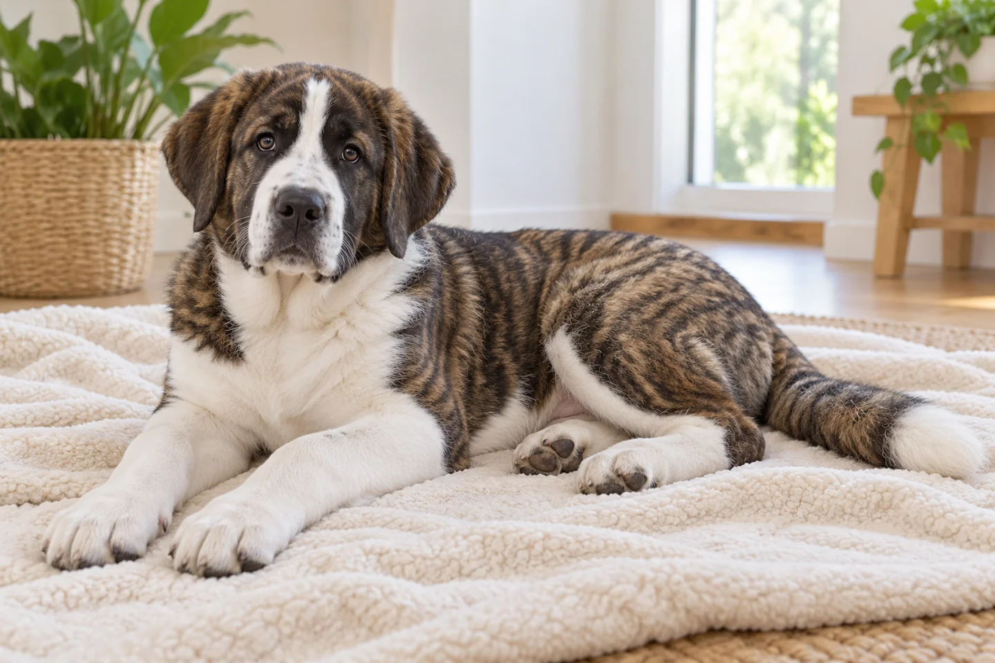 Rafeiro do Alentejo older puppy resting on a blanket indoors, showing brindle with white markings