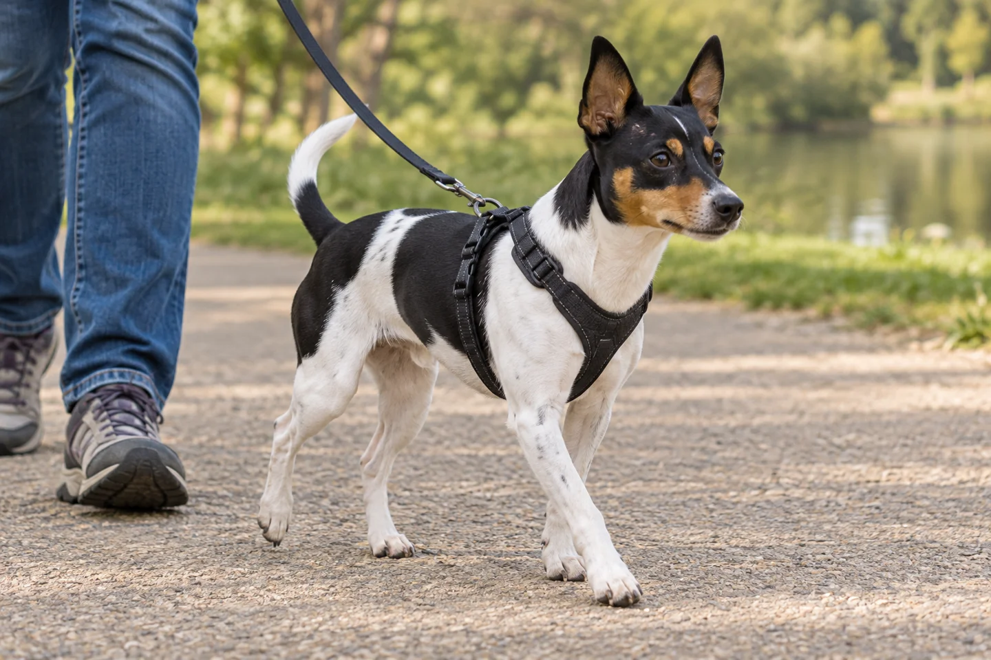 Rat Terrier walking in a fitted harness beside an adult handler, showing tricolor piebald short coat