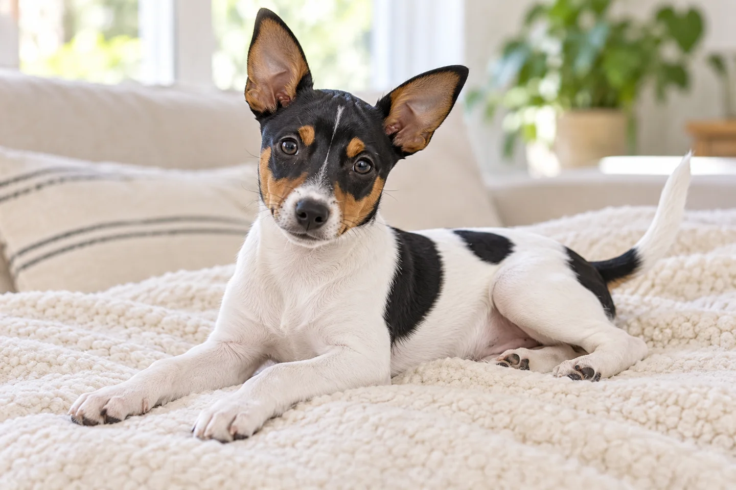 Rat Terrier older puppy resting on a blanket indoors, showing tricolor piebald short coat