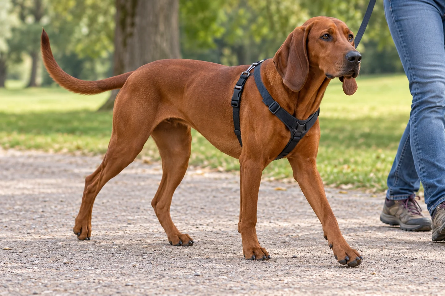 Redbone Coonhound walking in a fitted harness beside an adult handler, showing solid red short coat