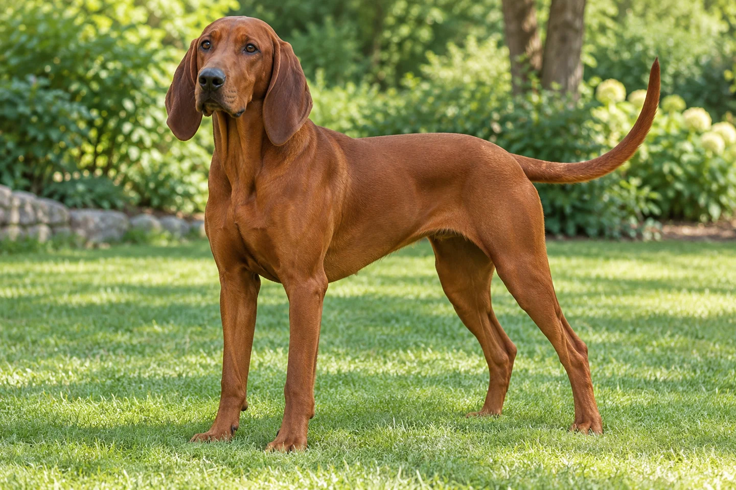 Redbone Coonhound adult standing naturally on a garden lawn, showing solid red short coat
