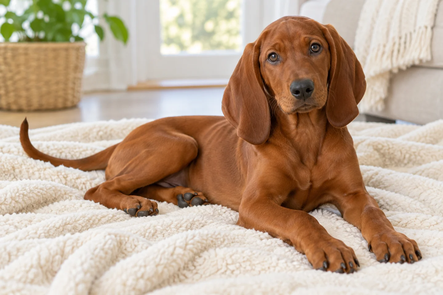 Redbone Coonhound older puppy resting on a blanket indoors, showing solid red short coat