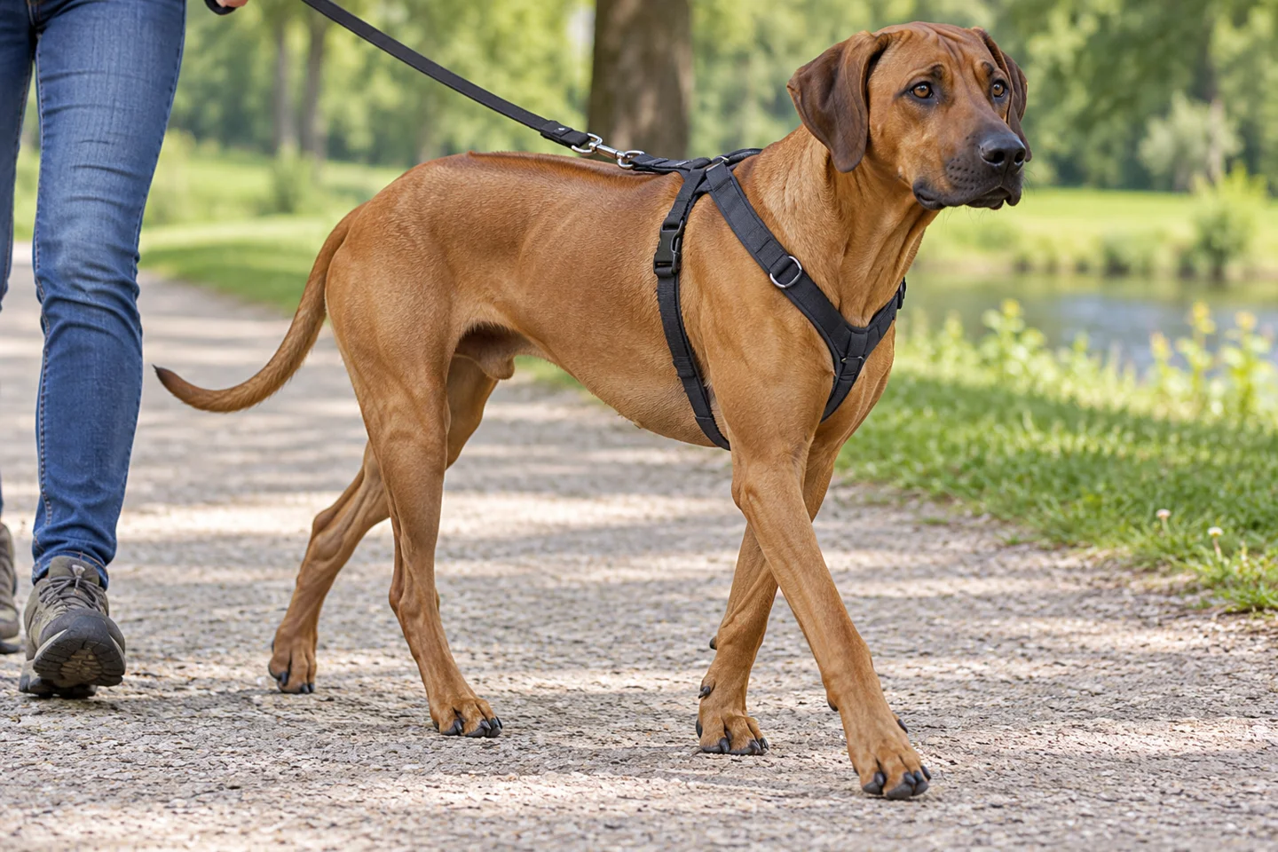 Rhodesian Ridgeback walking in a fitted harness beside an adult handler, showing wheaten short coat with dorsal ridge
