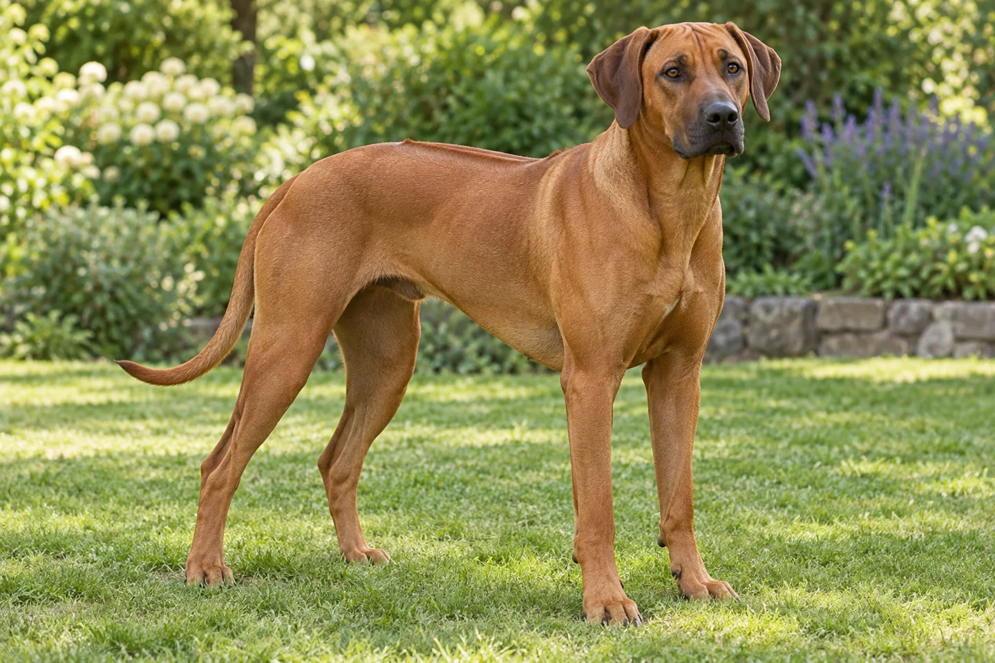 Rhodesian Ridgeback adult standing naturally on a garden lawn, showing wheaten short coat with dorsal ridge