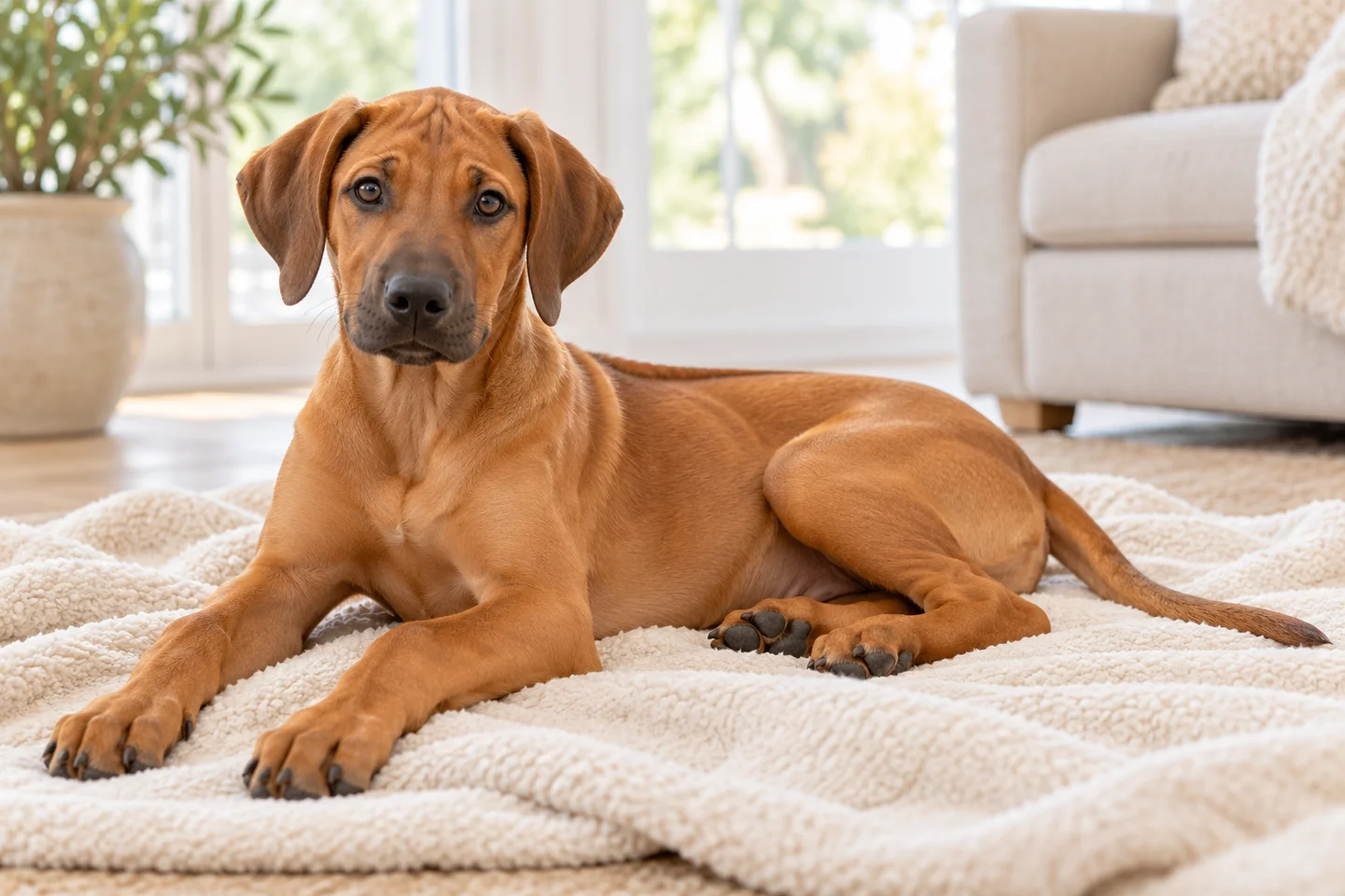 Rhodesian Ridgeback older puppy resting on a blanket indoors, showing wheaten short coat with dorsal ridge