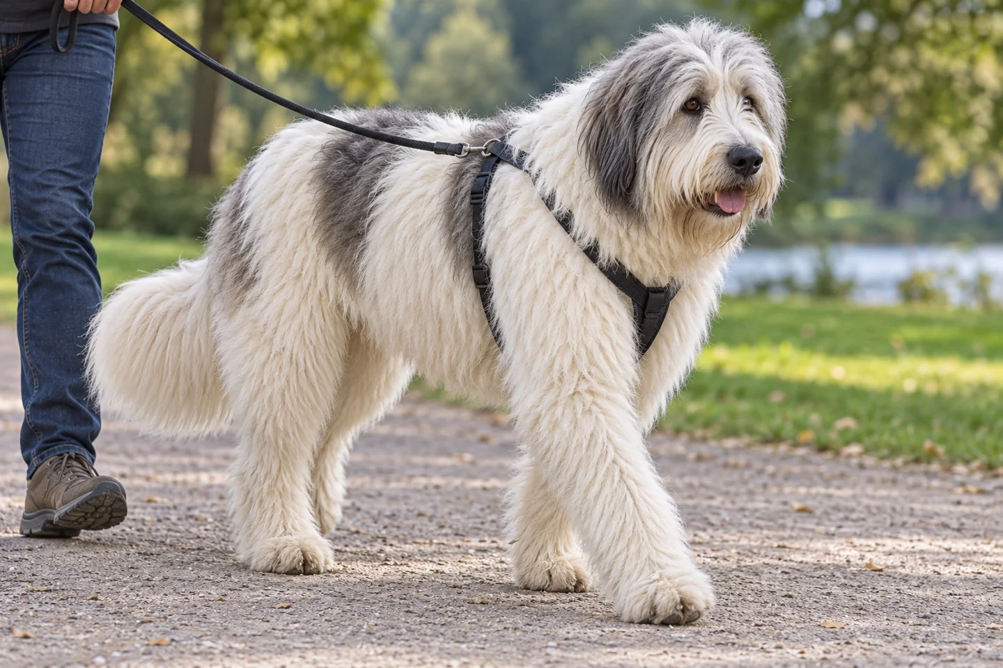 Romanian Mioritic Shepherd Dog walking in a fitted harness beside an adult handler, showing white with grey patches and long coat